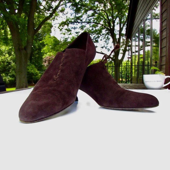 Barneys New York Dark Brown Suede Lace Top Almond Toe Shoes 39 / US 8.5 - Picture 7 of 16